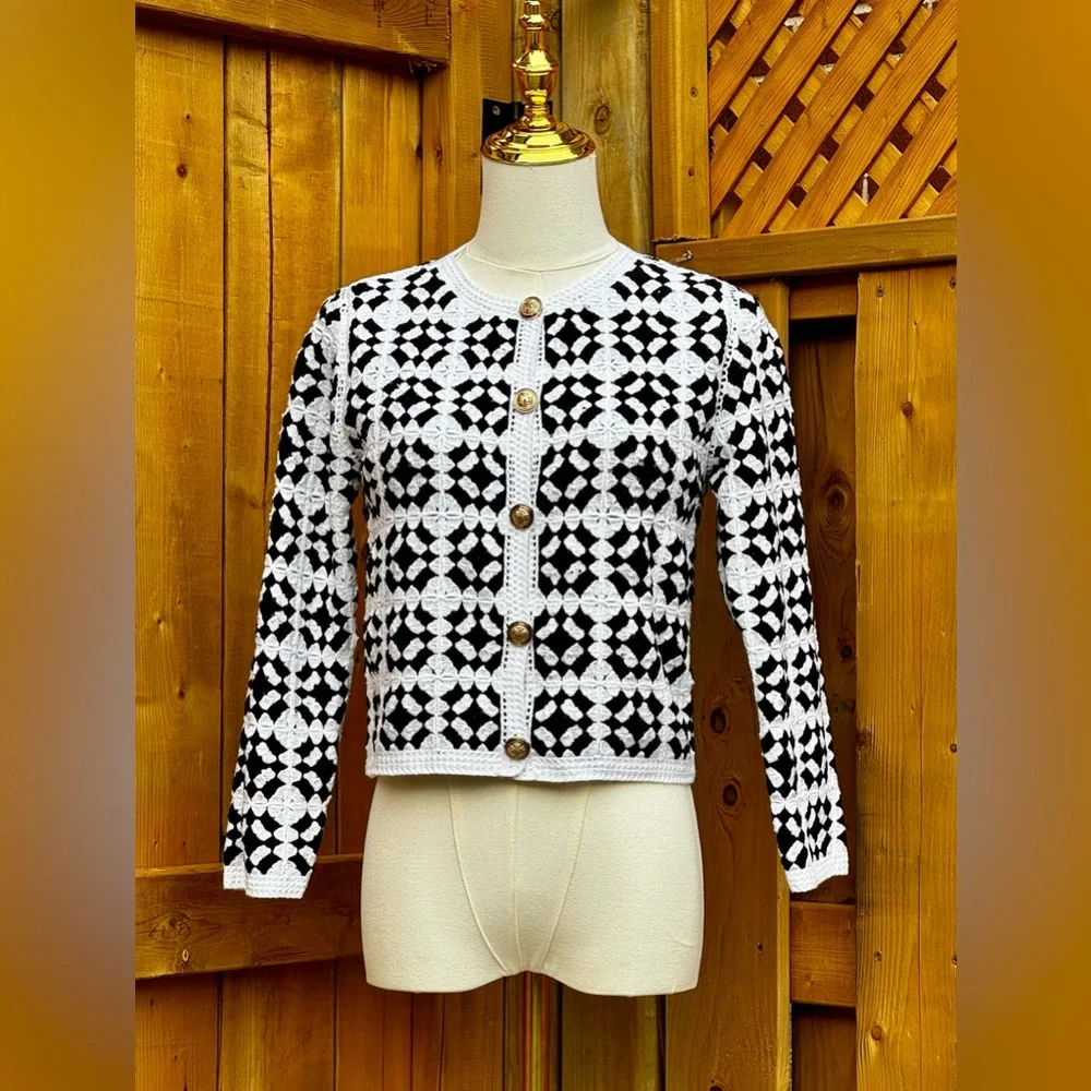 🆕 FARM Rio 🧿 NWT Patch Crochet Black & White Monochrome Button Up Jacket, Sz S - Picture 3 of 16